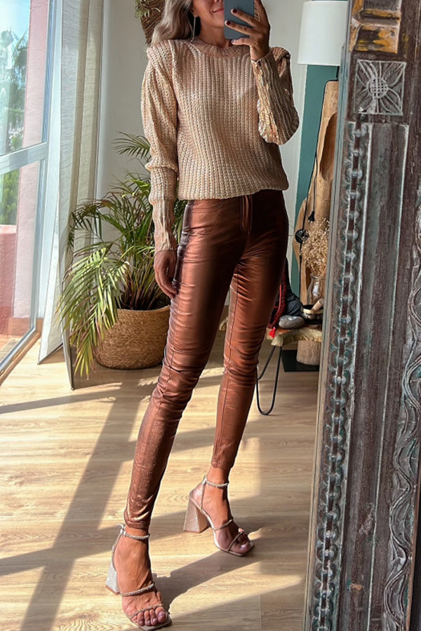 Metallic Color Pocket Faux Leather Stretch Pants