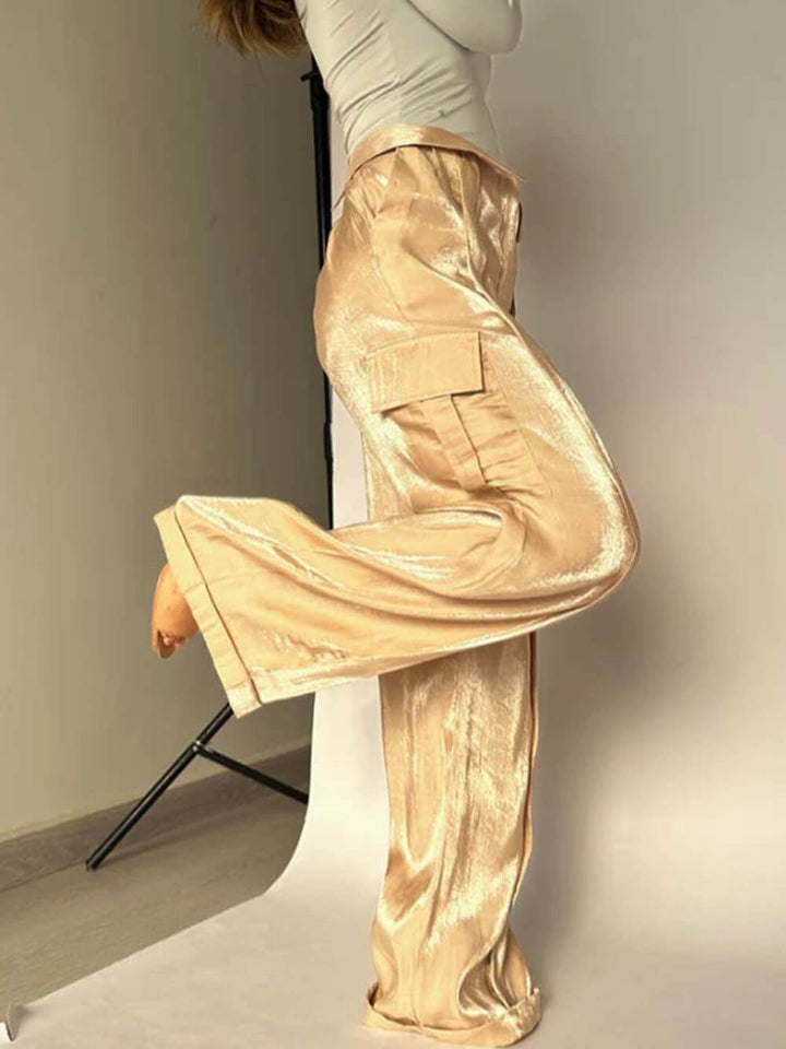 Golden Fabric Drawstring Waist Pocketed Wide Leg Pants