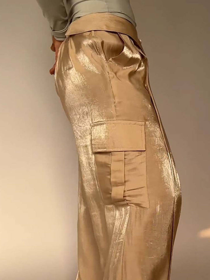 Golden Fabric Drawstring Waist Pocketed Wide Leg Pants