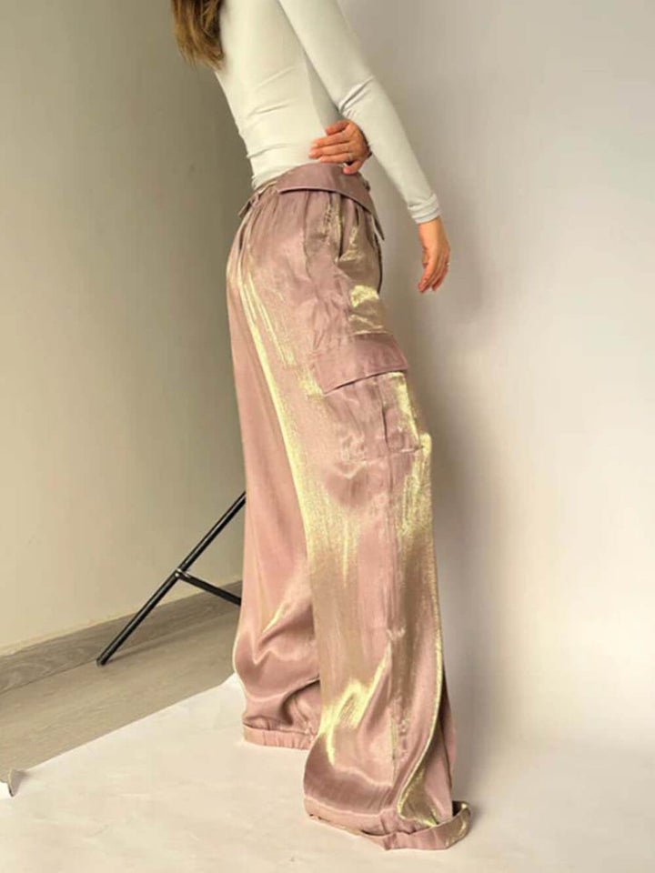 Golden Fabric Drawstring Waist Pocketed Wide Leg Pants