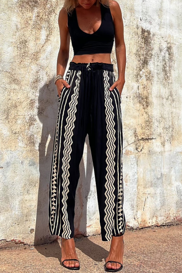 Got It Good Ethnic Print Elastic Waist Pocketed Pants