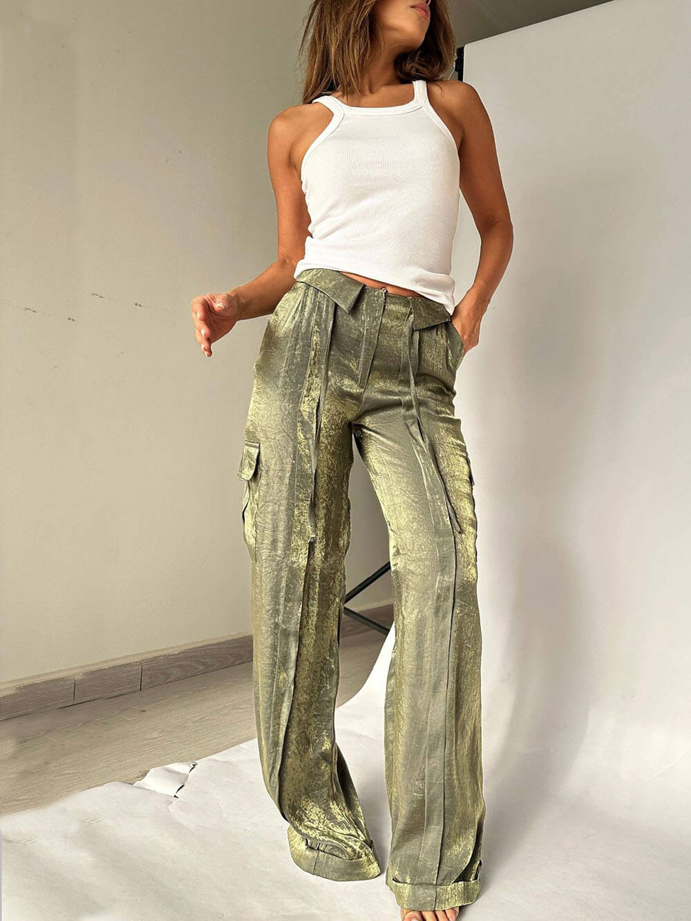 Golden Fabric Drawstring Waist Pocketed Wide Leg Pants