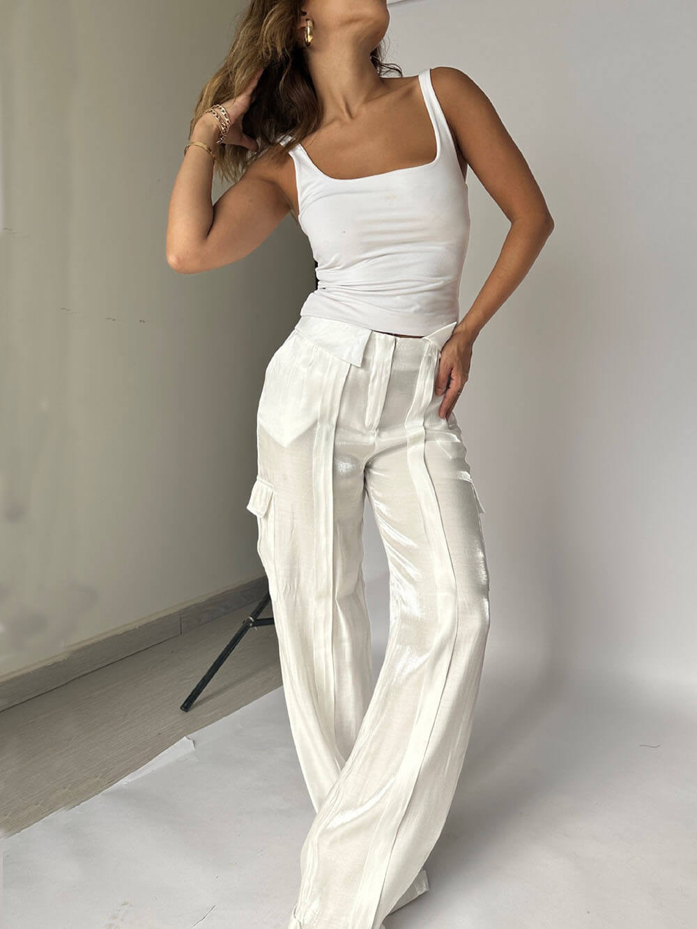 Golden Fabric Drawstring Waist Pocketed Wide Leg Pants