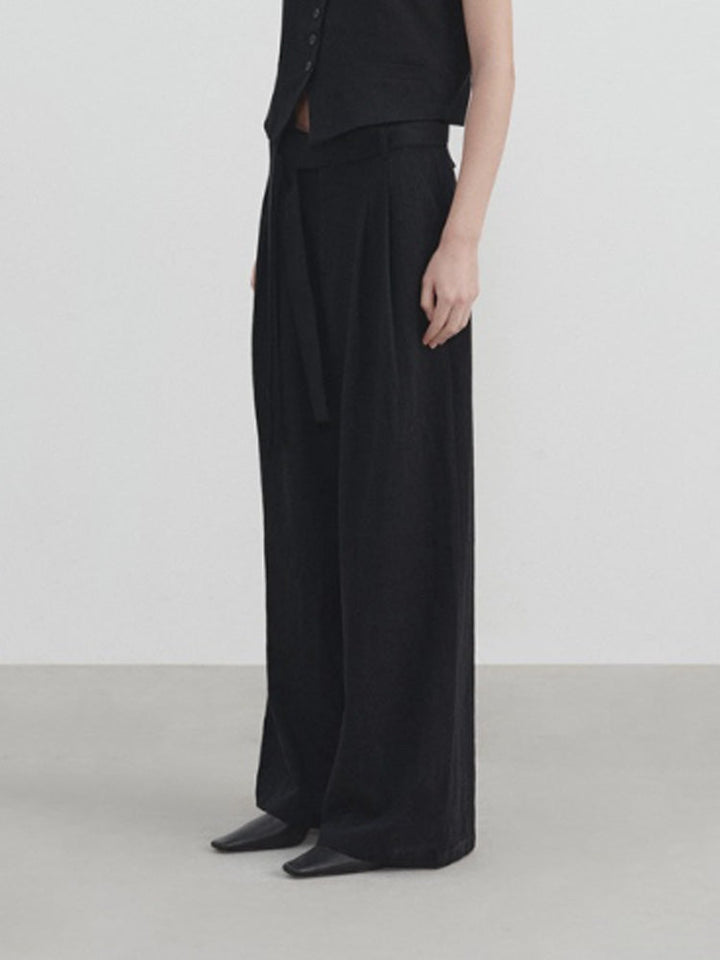 Wide-Leg Linen Belt Trousers