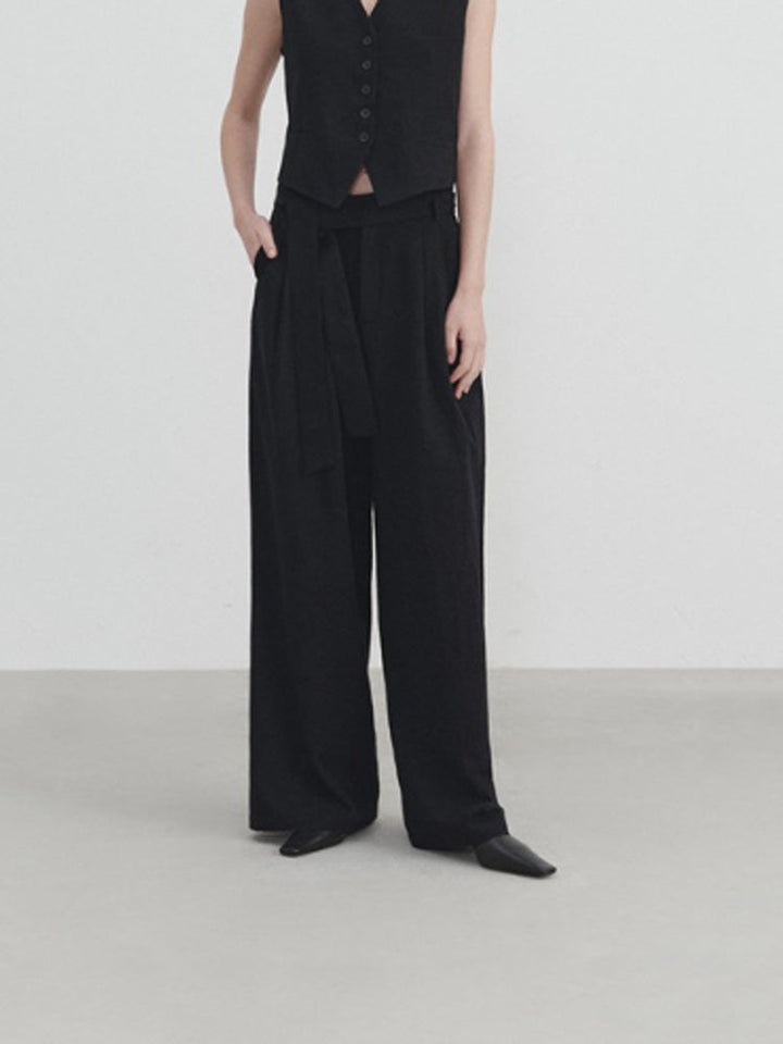 Wide-Leg Linen Belt Trousers