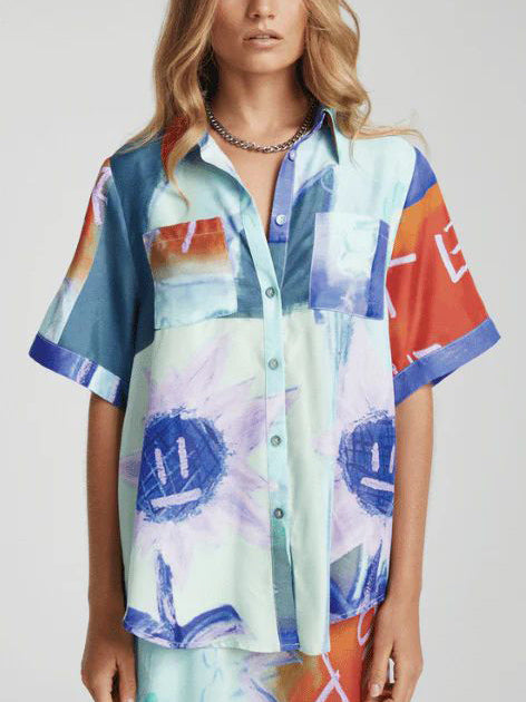 Unique Ink Floral Print Short-Sleeved Loose Shirt