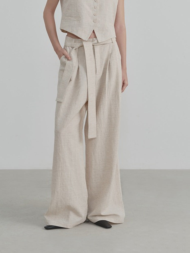 Wide-Leg Linen Belt Trousers