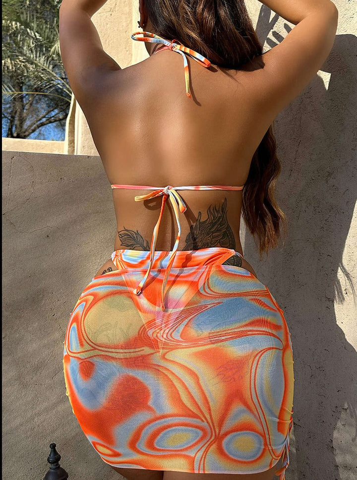 Abstract Print Halter Bikini 3-Piece Sets