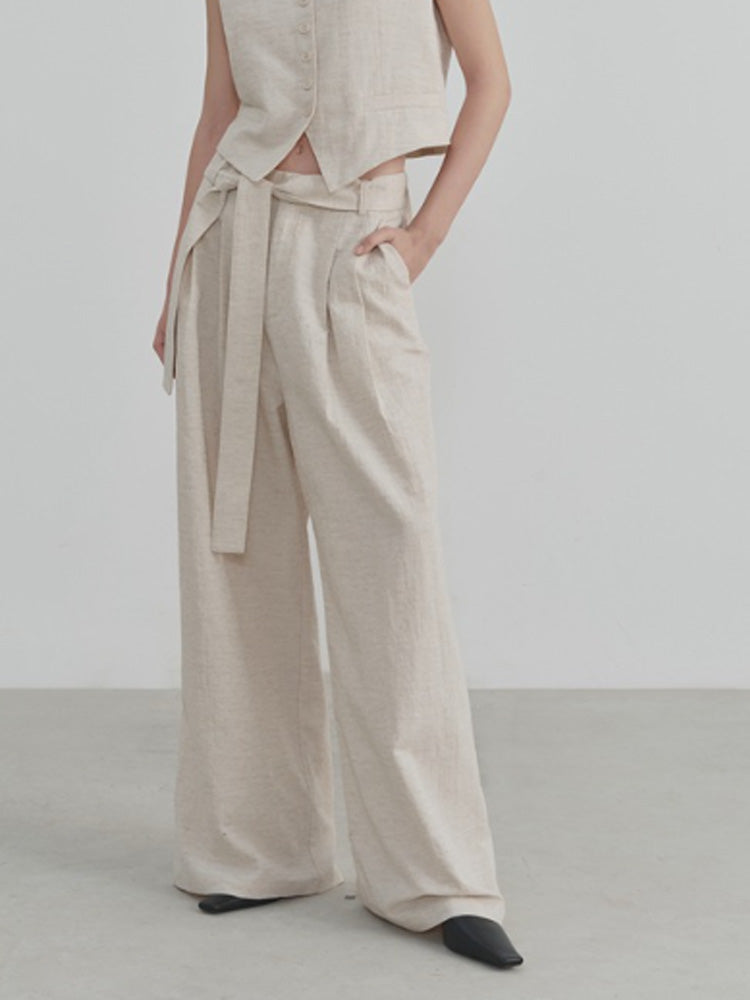 Wide-Leg Linen Belt Trousers