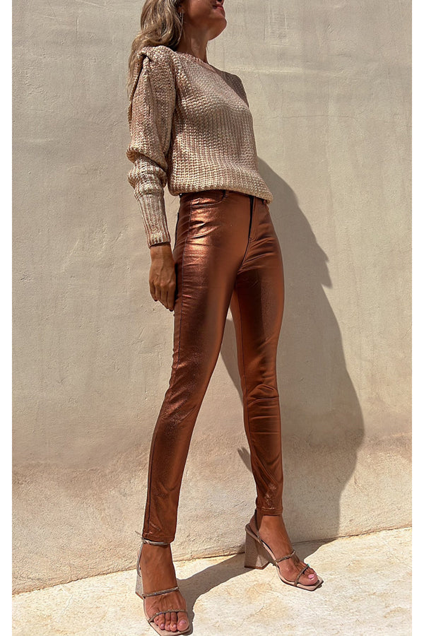 Metallic Color Pocket Faux Leather Stretch Pants