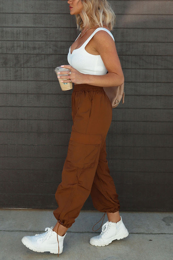 Nylon Elastic Waist Pocketed Cargo Pants