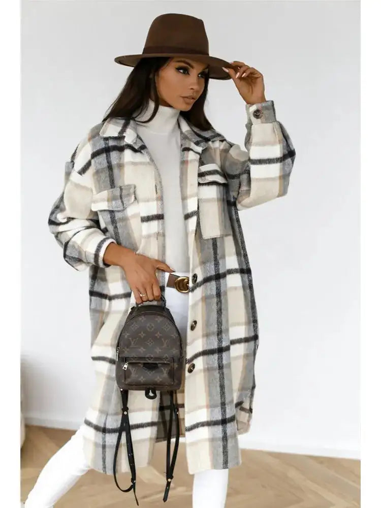 Plaid Printed Long Overcoat Jacket