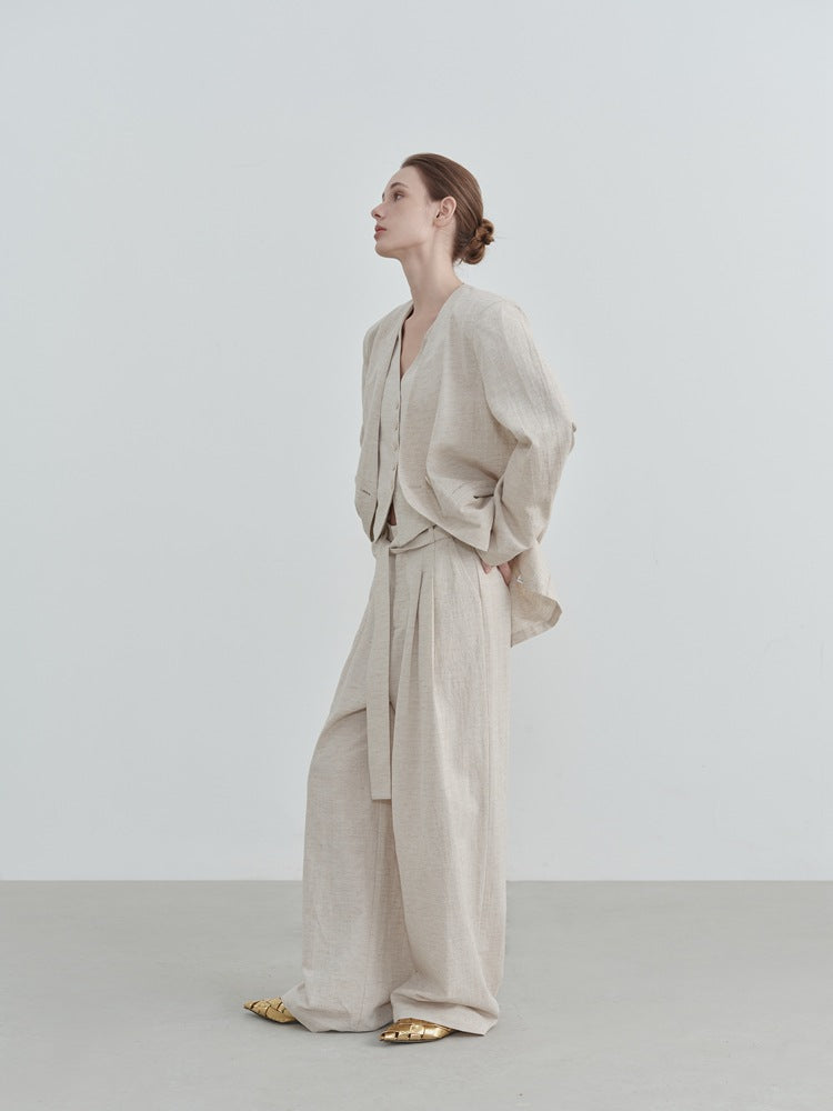 Wide-Leg Linen Belt Trousers