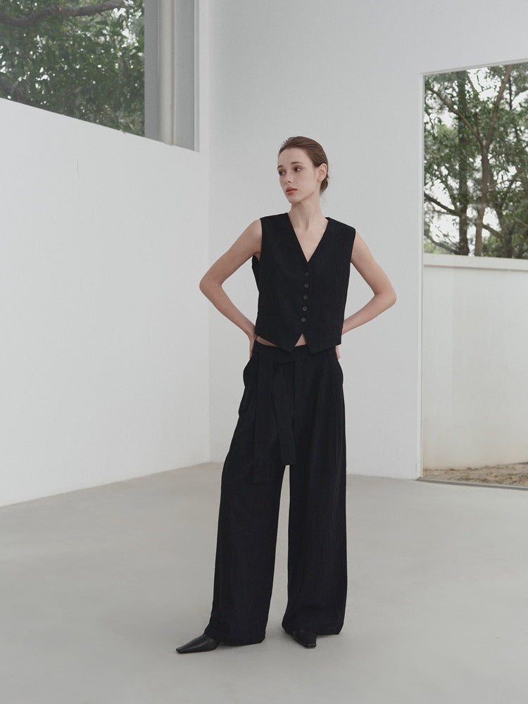 Wide-Leg Linen Belt Trousers