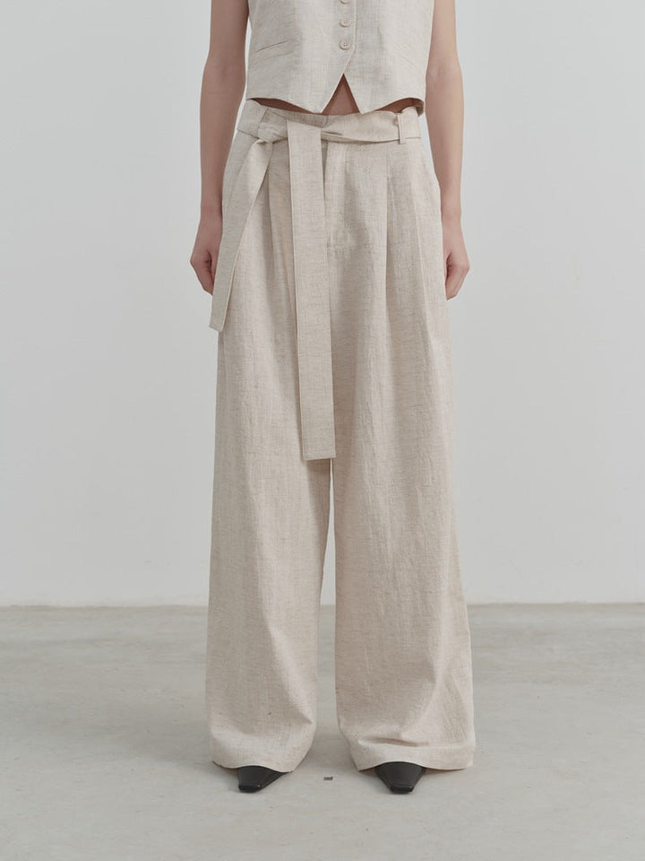 Wide-Leg Linen Belt Trousers