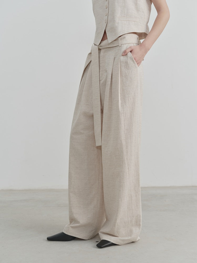 Wide-Leg Linen Belt Trousers