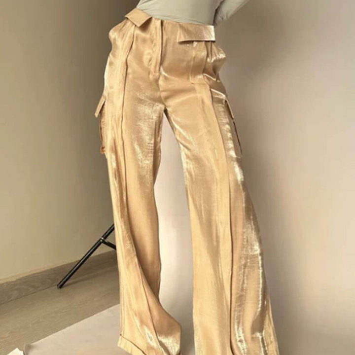 Golden Fabric Drawstring Waist Pocketed Wide Leg Pants