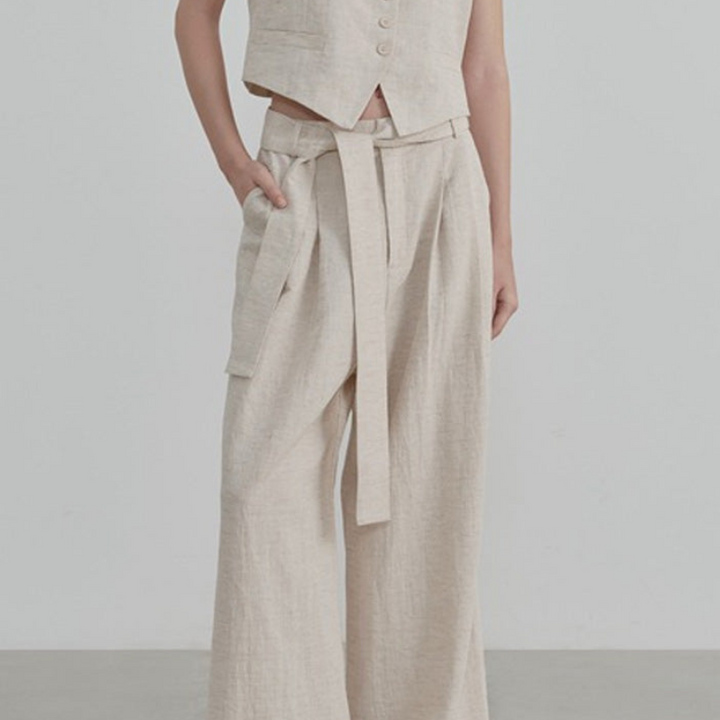 Wide-Leg Linen Belt Trousers