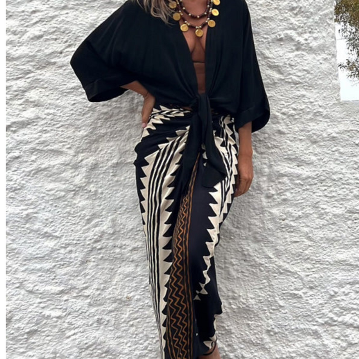 Astra Ethnic Print High Waist Ruched Wrap Maxi Skirt