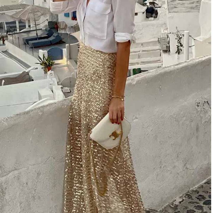 Golden Evening Sequin Elastic Waist Maxi Skirt