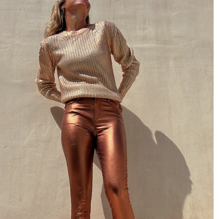 Metallic Color Pocket Faux Leather Stretch Pants