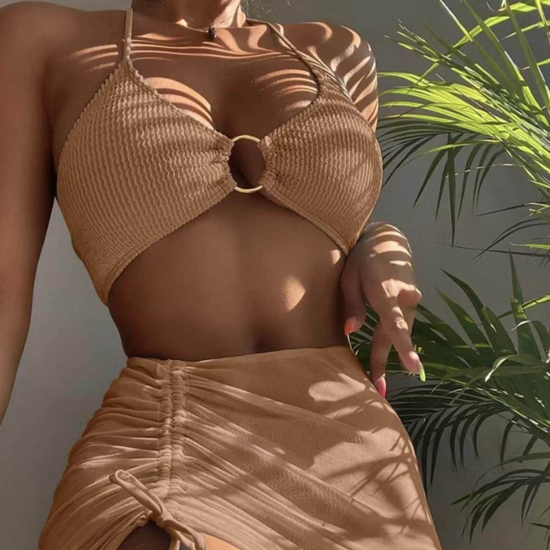 Solid Color Sexy Halterneck Three-Piece Swimsuit Bikini