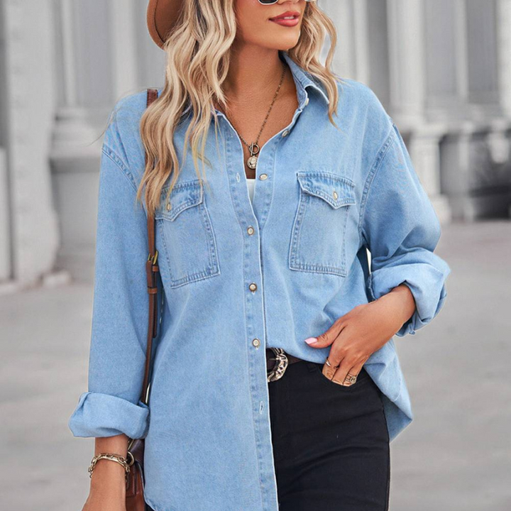 Collared Neck Dropped Shoulder Denim Top- Blue