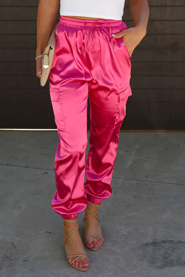 Satin Pocketed Elastic Waist Cargo Pants