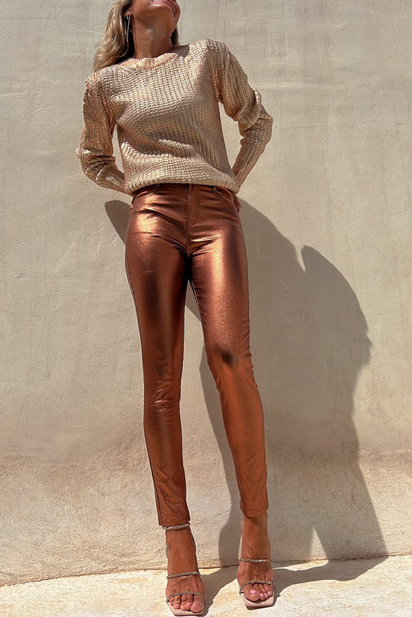 Metallic Color Pocket Faux Leather Stretch Pants