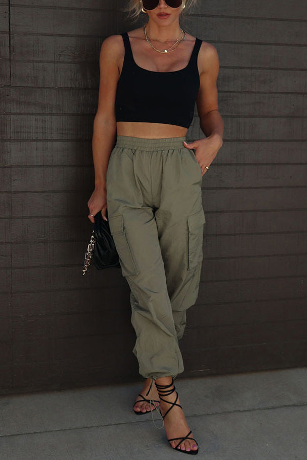 Nylon Elastic Waist Pocketed Cargo Pants