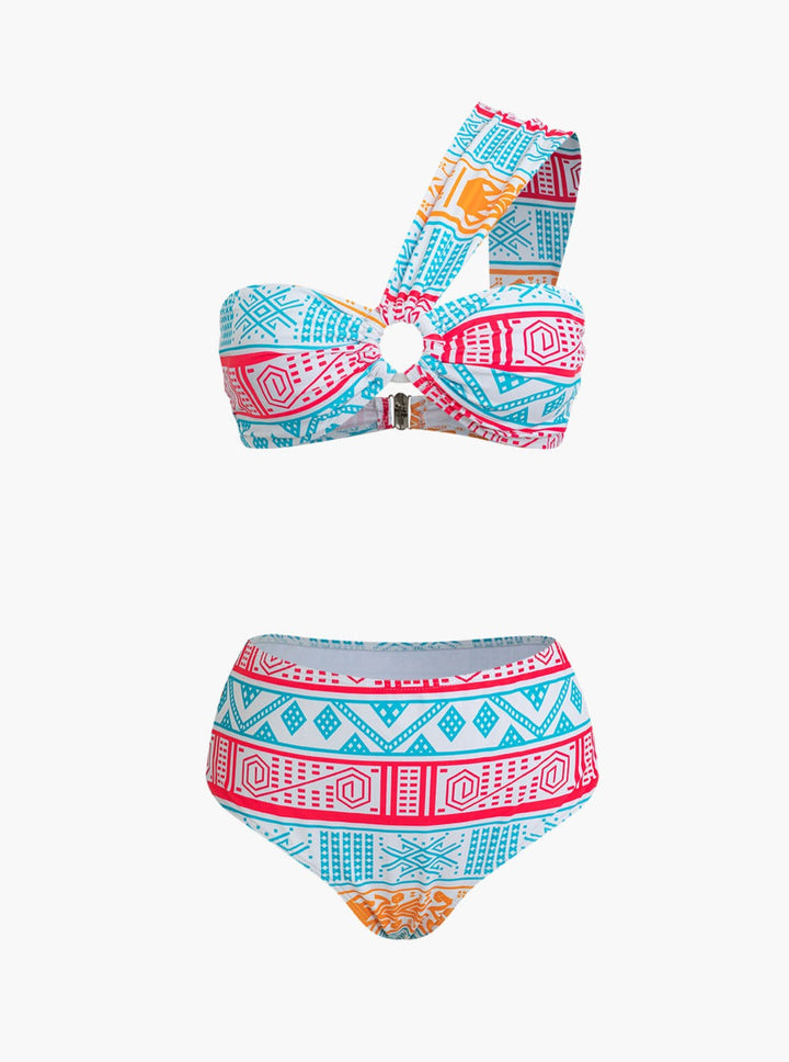 Tribal Print One Shoulder Two-Piece Swimsuit Set