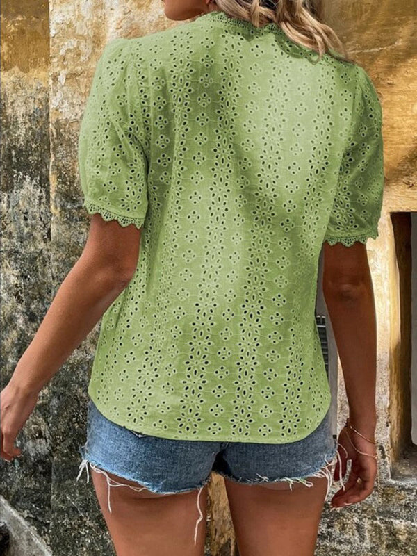 V-Neck Short Sleeve Top with Lace Trim