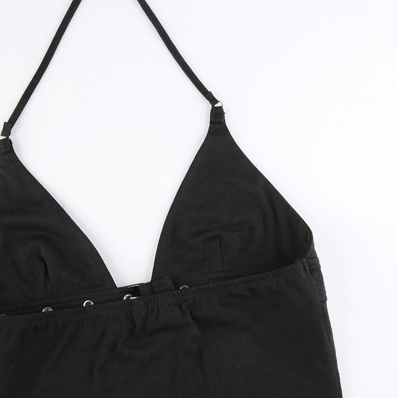 Buckle Backless Halter Crop Top