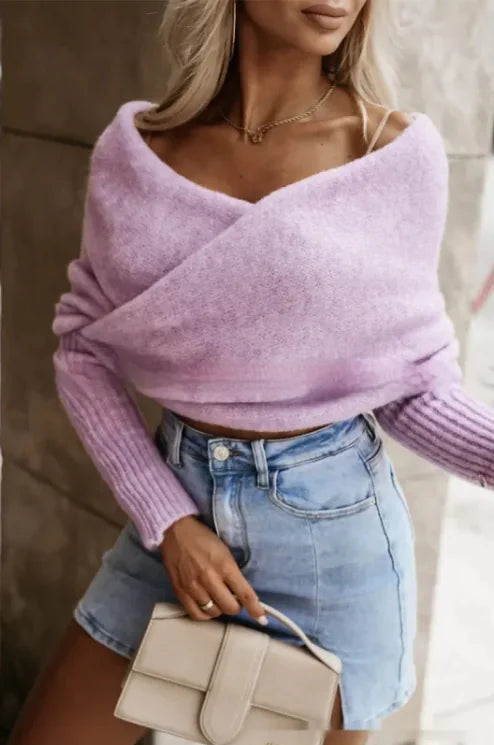 V-neck Cross Multi-color Sweater Trend Off The Shoulder