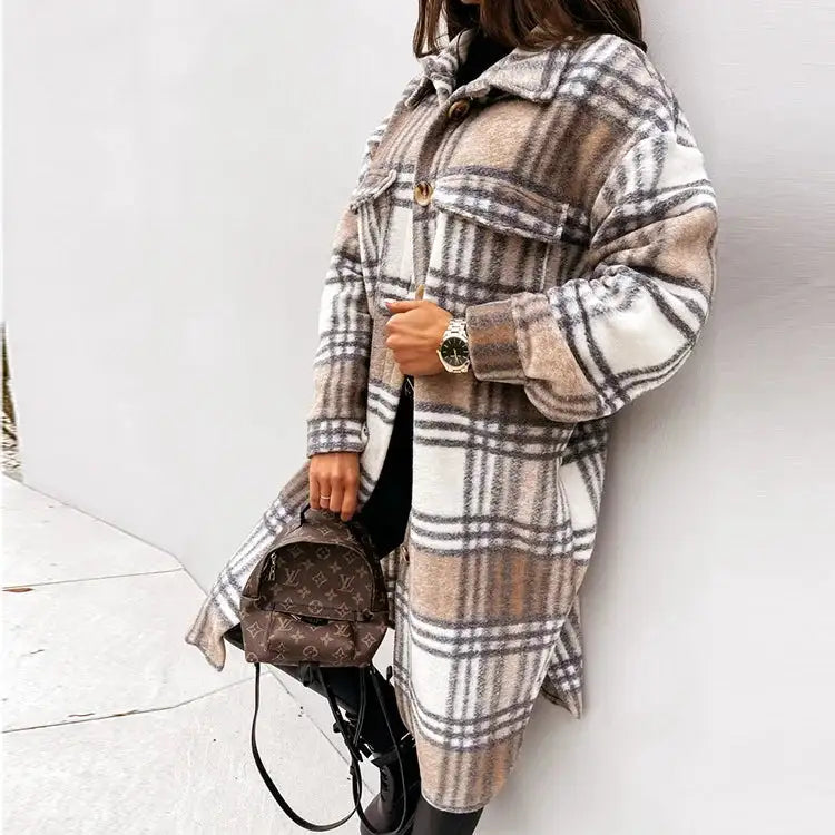 Plaid Printed Long Overcoat Jacket