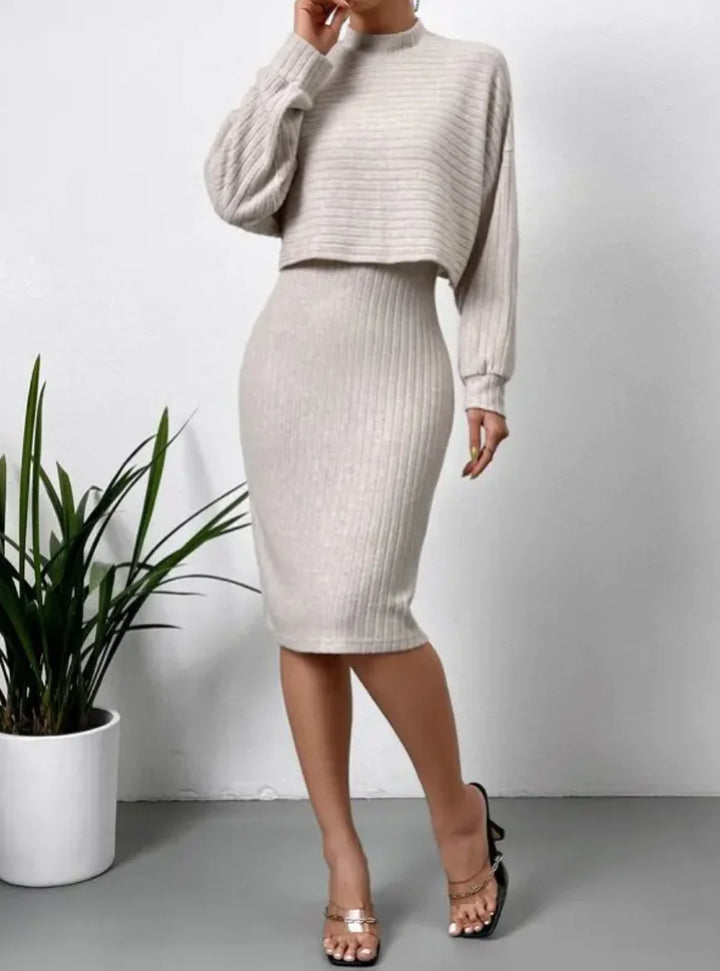 Sunken Striped Long Sleeve and Bodycon Dress Set