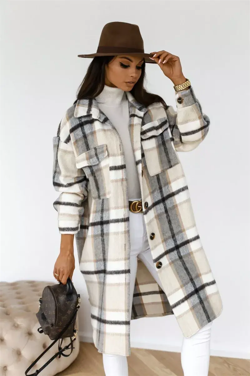 Plaid Printed Long Overcoat Jacket