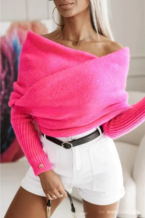 V-neck Cross Multi-color Sweater Trend Off The Shoulder